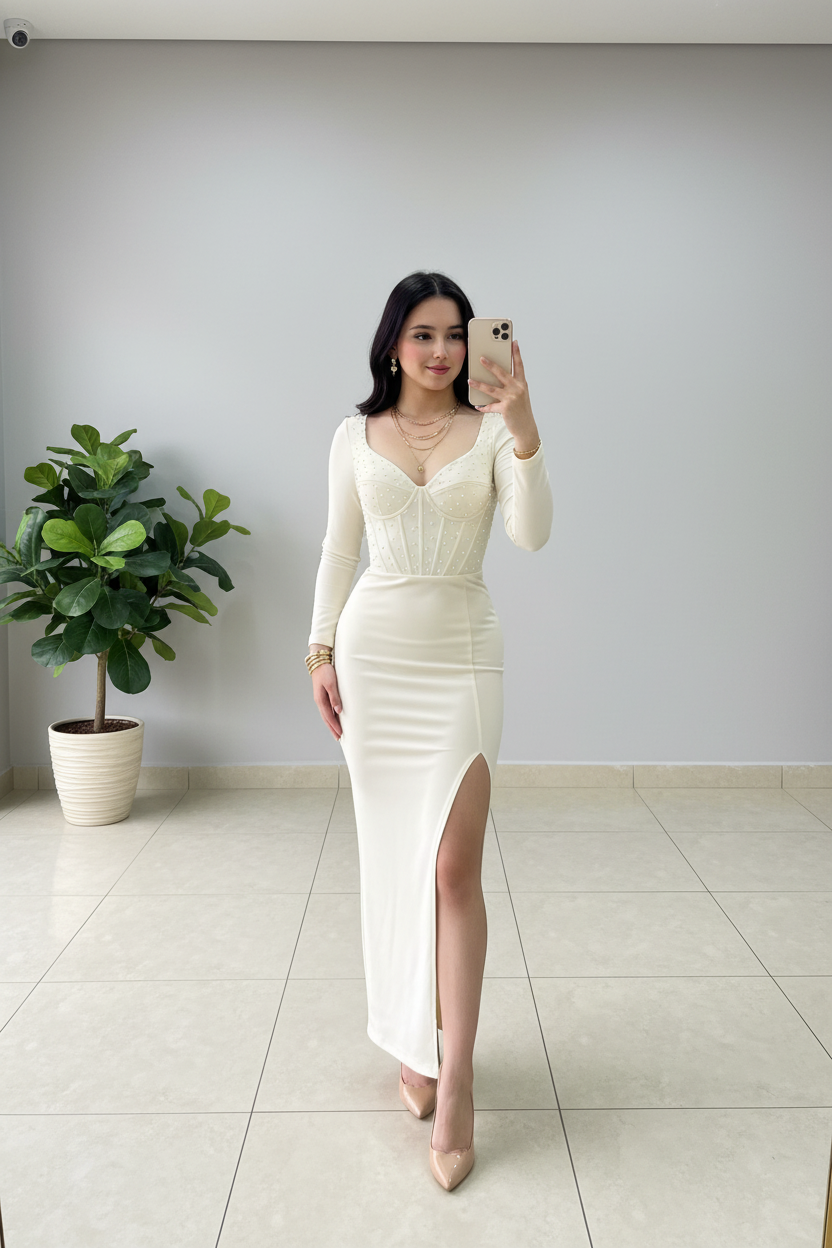 Vestido Elegante Blanco Marfil con Abertura Lateral - Mangas Largas Largo cod.352