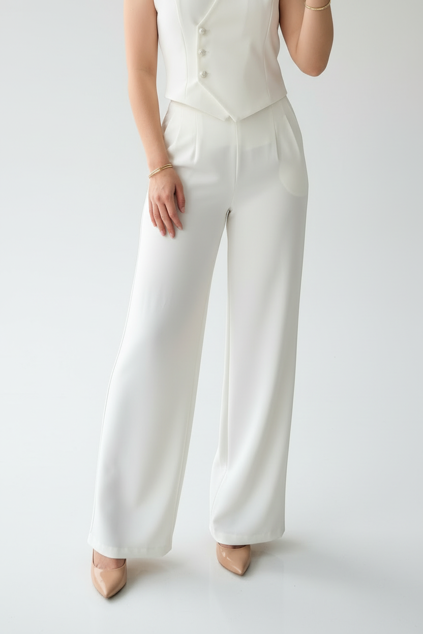 Conjunto Elegante Blanco: Chaleco con Botones + Pantalón Pierna Ancha - 2 Piezas cod.322