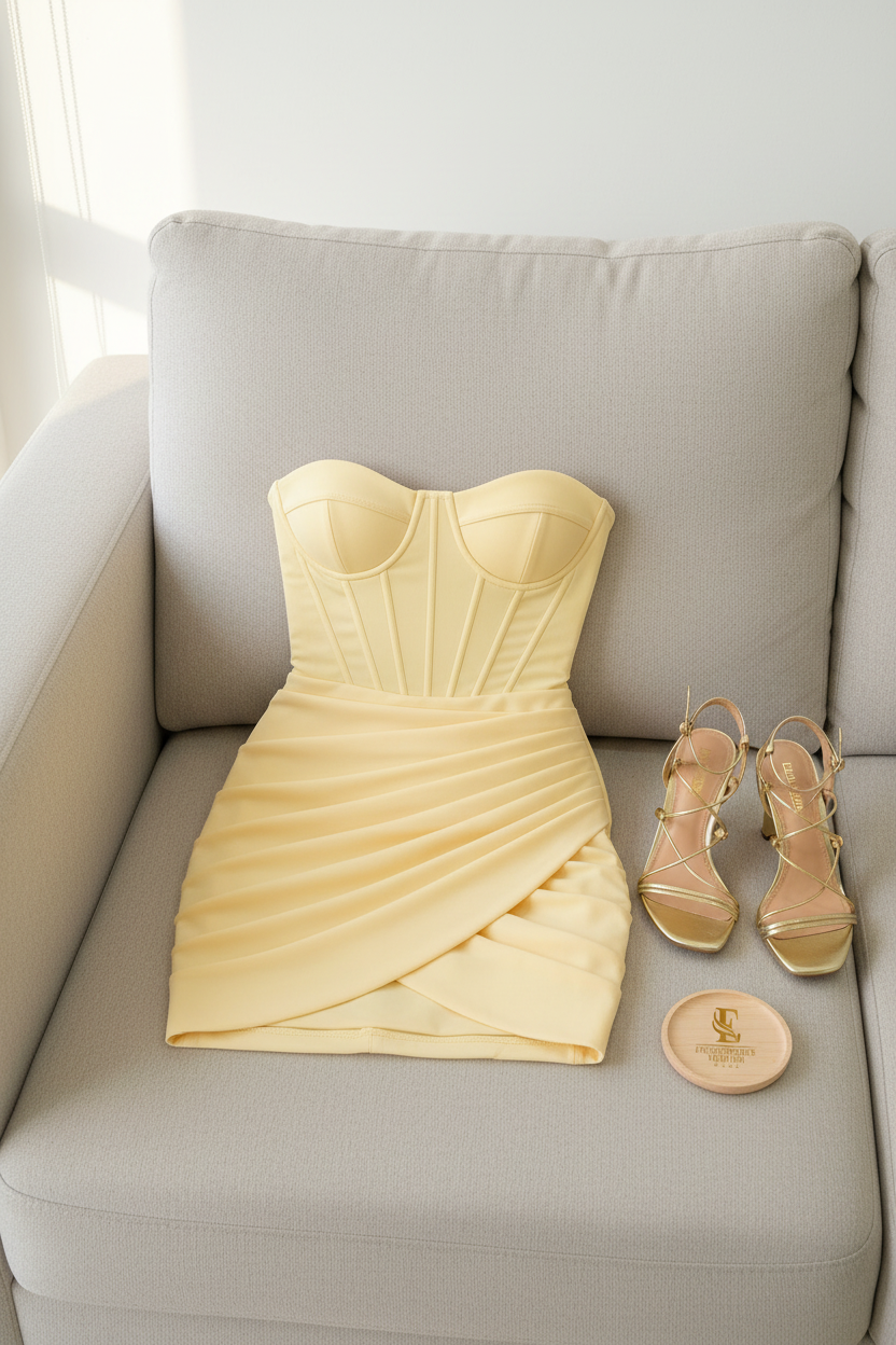 Vestido Corto Amarillo Butter Strapless Corset con Falda Wrap Fruncida cod.455
