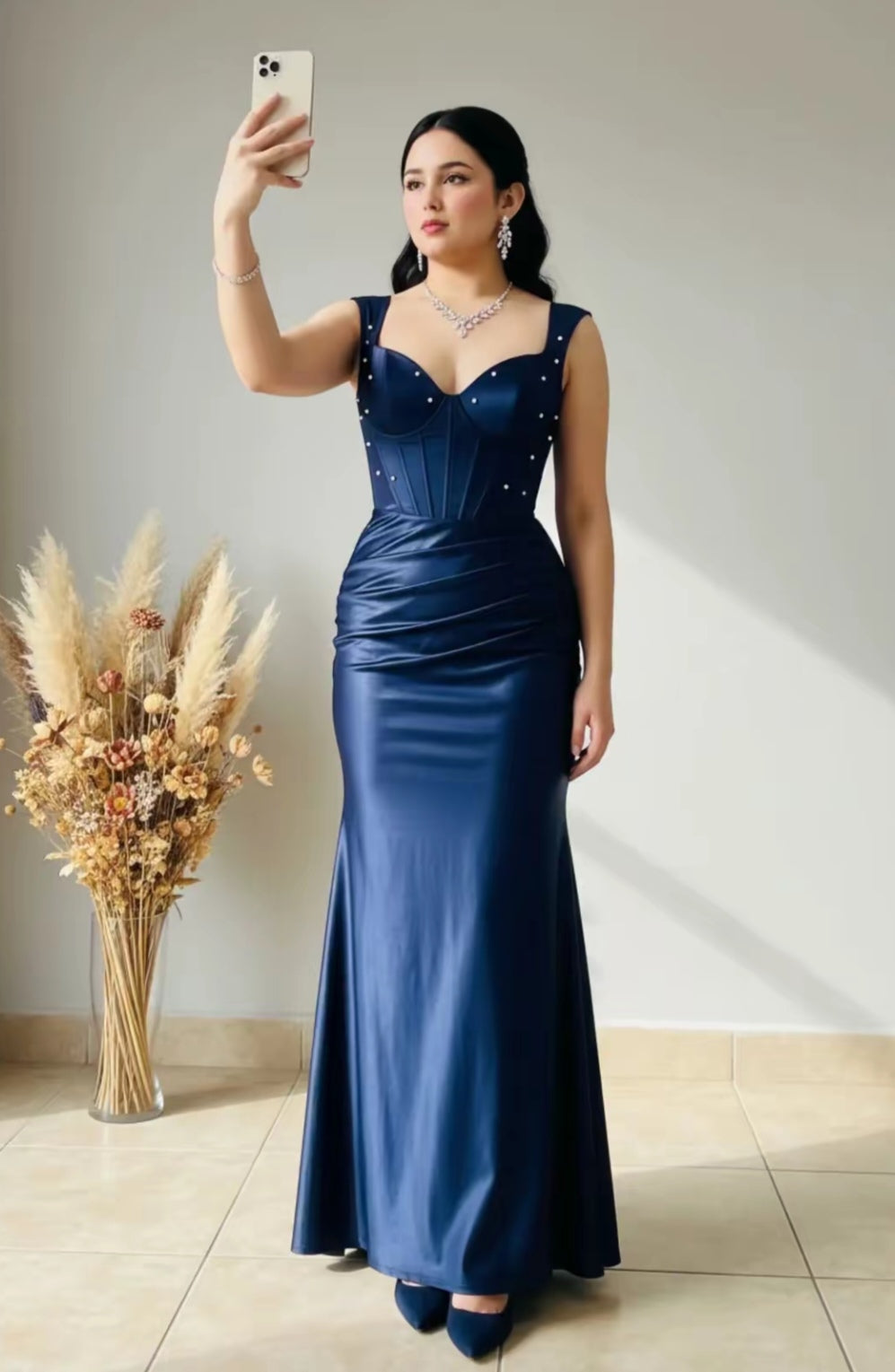 Vestido Sirena Azul Marino Satén con Perlas y Corsét cod.V856