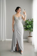 Vestido Gris Plateado Corset Bordado