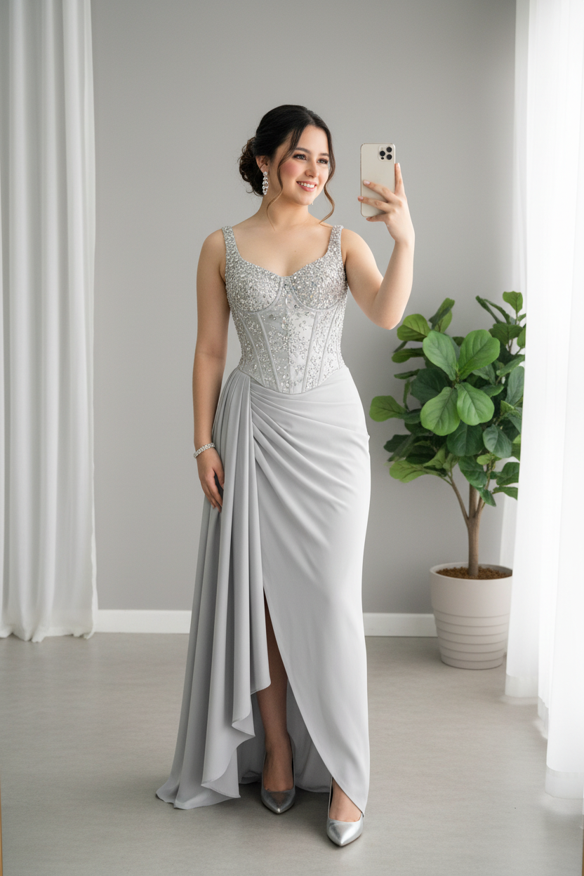 Vestido Gris Plateado Corset Bordado