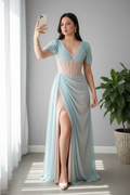 Vestido Celeste Chiffon con Corsé y Mangas Puff cod.V663