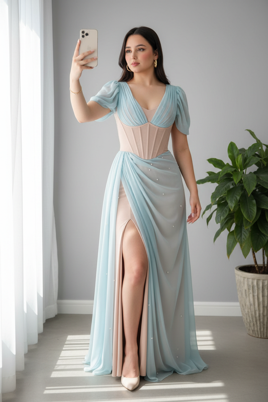 Vestido Celeste Chiffon con Corsé y Mangas Puff cod.V663