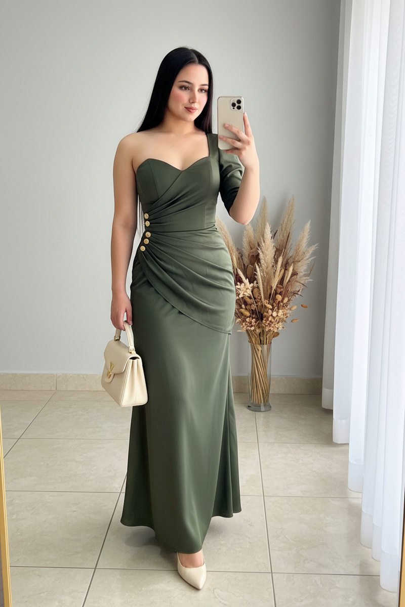 Vestido Verde Olivo | Un Hombro Manga Larga con Drapeado y Botones Dorados cod.V524