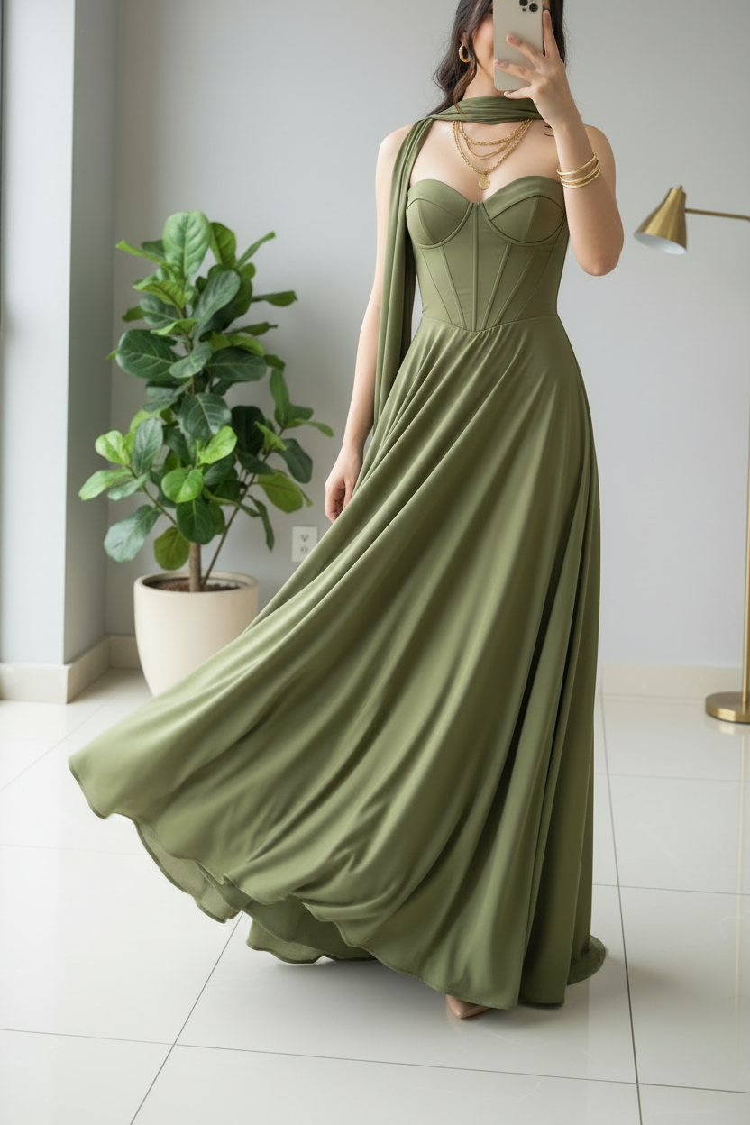 Vestido de Gala Verde Olivo con Corsé Estructurado y Capa Drapeada - Elegante A-Line Largo cod.364