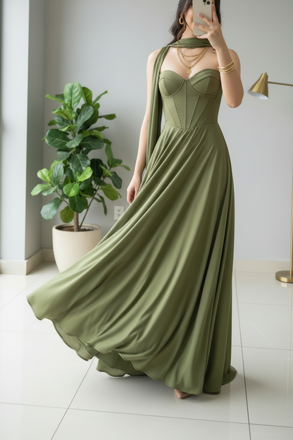 Vestido de Gala Verde Olivo con Corsé Estructurado y Capa Drapeada - Elegante A-Line Largo cod.364