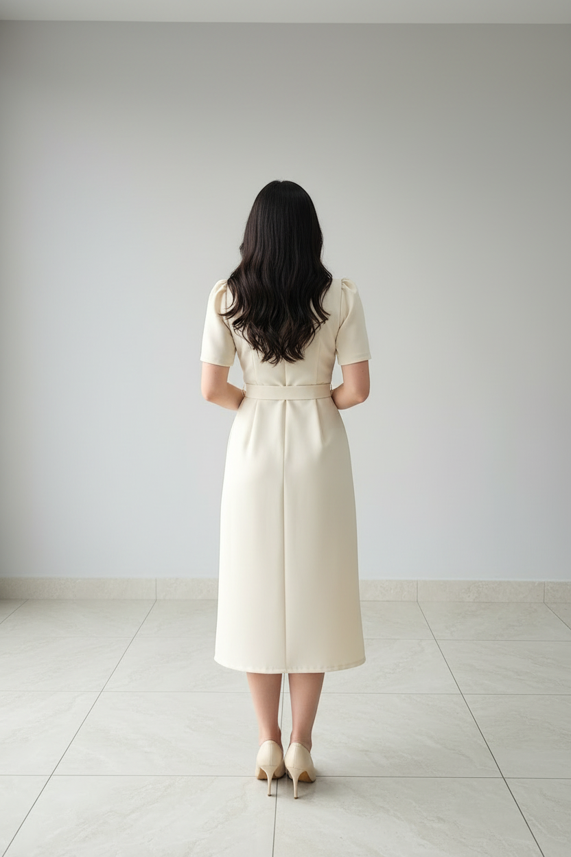 Vestido Marfil Tipo Camisa con Cinturón - Elegante y Atemporal cod.316