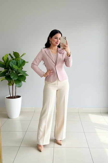 Pantalón Crema Palazzo de Tiro Alto con Pinzas cod.408