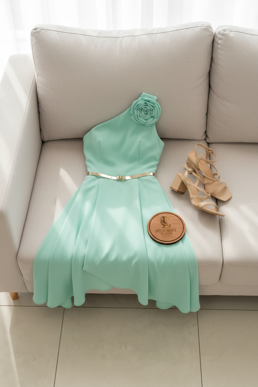 Vestido Verde Menta Un Hombro con Rosa 3D y Falda High-Low cod.452