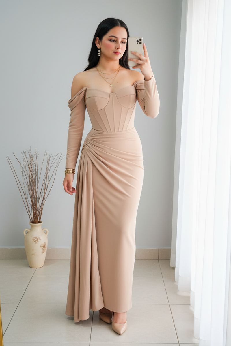 Vestido Nude Off-Shoulder Manga Larga con Corset y Drapeado cod.V531