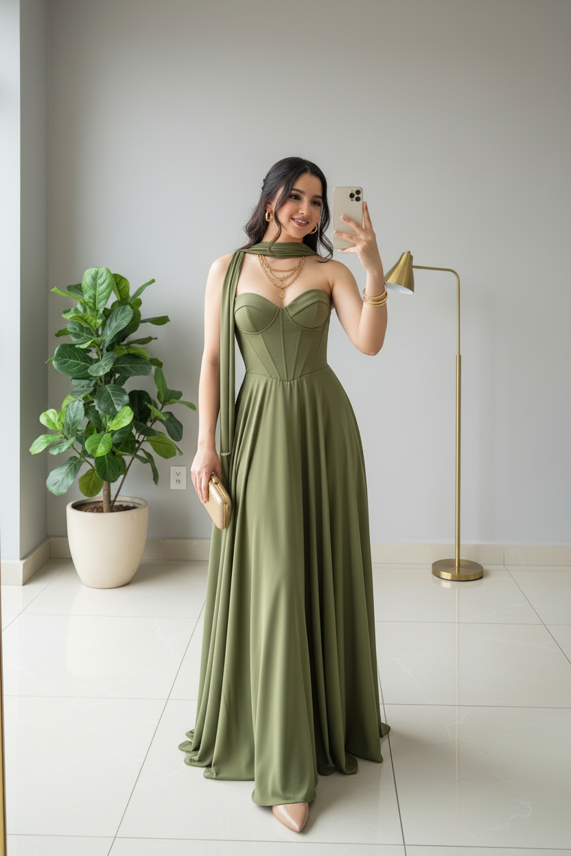 Vestido de Gala Verde Olivo con Corsé Estructurado y Capa Drapeada - Elegante A-Line Largo cod.364