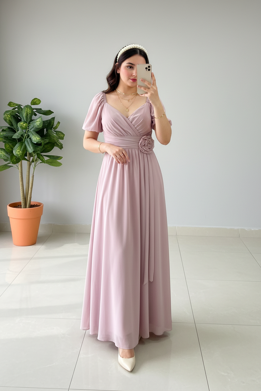 Vestido Largo Rosa Palo con Mangas Mariposa cod.404
