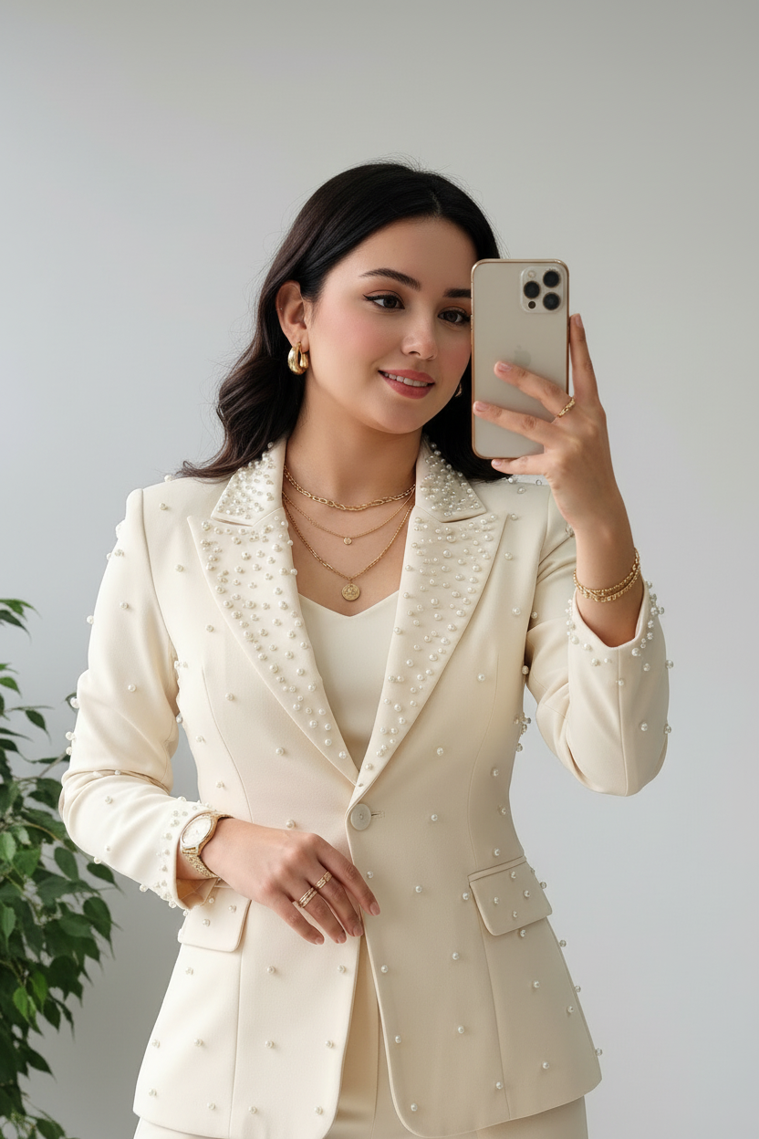 Conjunto Ivory: Blazer con Perlas Dispersas y Pantalón Recto  cod.413