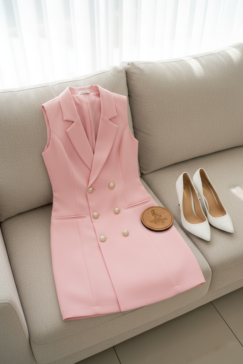 Vestido Blazer Rosa Baby Sin Mangas con Botones Dorados y Solapa cod.457
