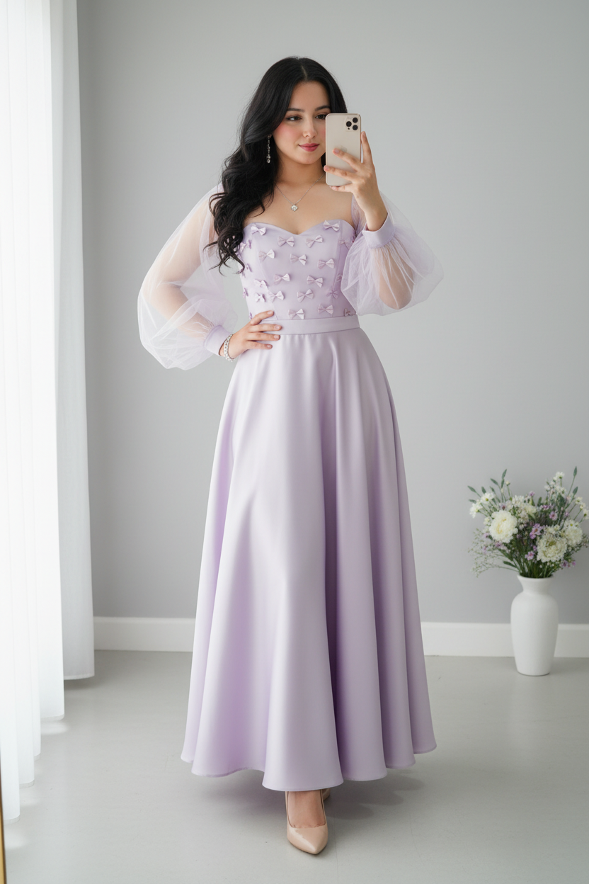 Vestido lila lazos 3D manga tul C.1930