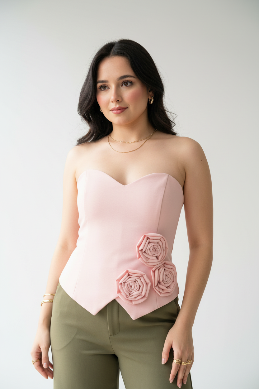 Conjunto Elegante: Corsé Rosa con Rosas 3D + Pantalón Verde Oliva - Sofisticado cod.329