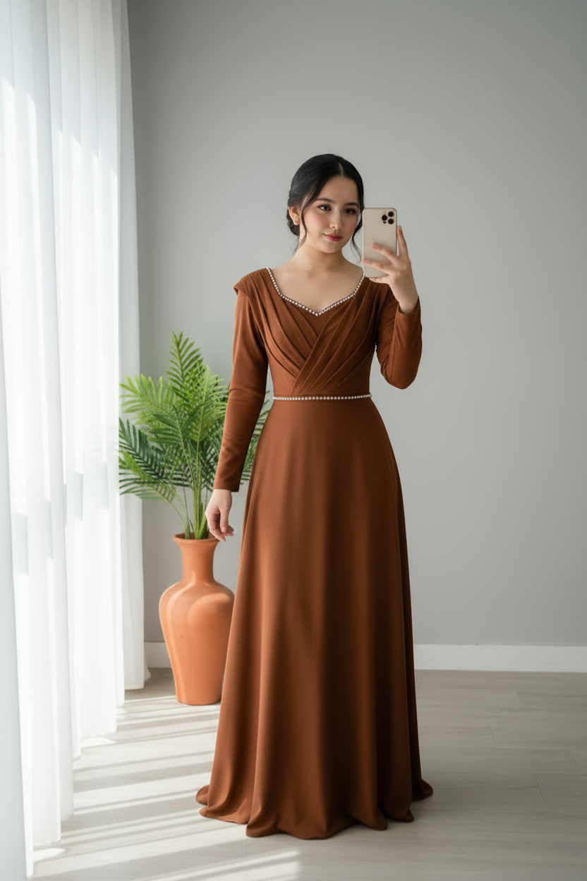 Vestido Largo Terracota con Cuerpo Cruzado y Cinturón de Perlas cod.V239