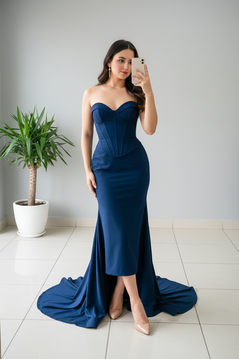 Vestido de Gala Azul Marino Tipo Corsé con Cola y Abertura cod.295