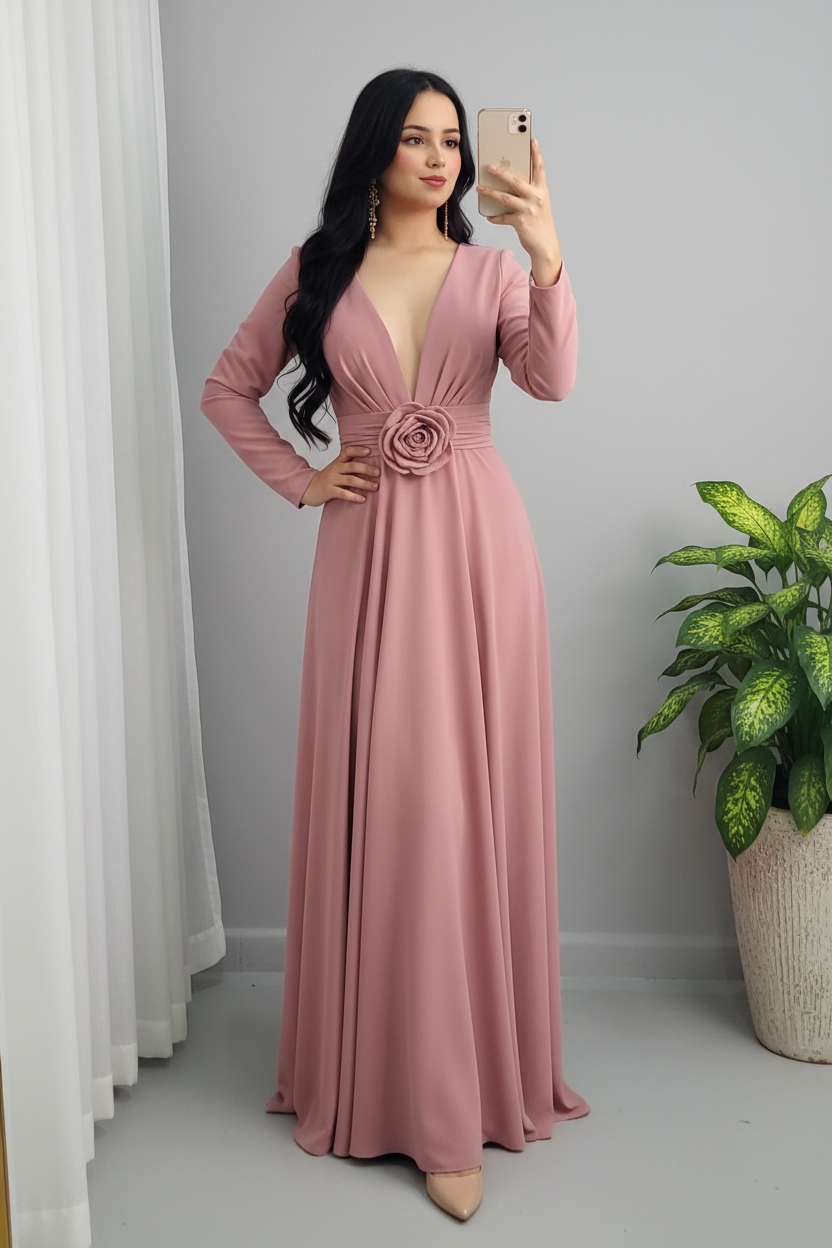Vestido Rosa Palo Escote V con Rosa en Cintura
