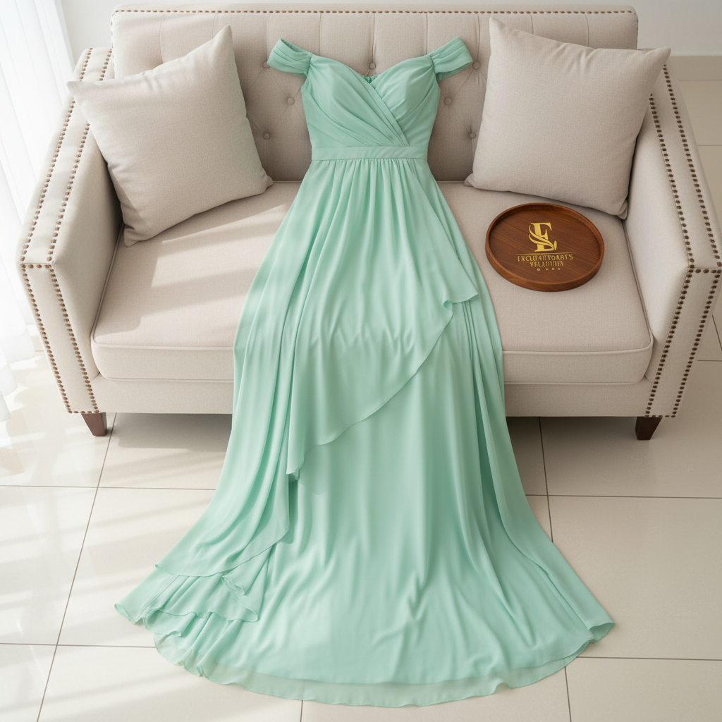 Vestido Largo Verde Menta Off-Shoulder con Volante Asimétrico cod.427