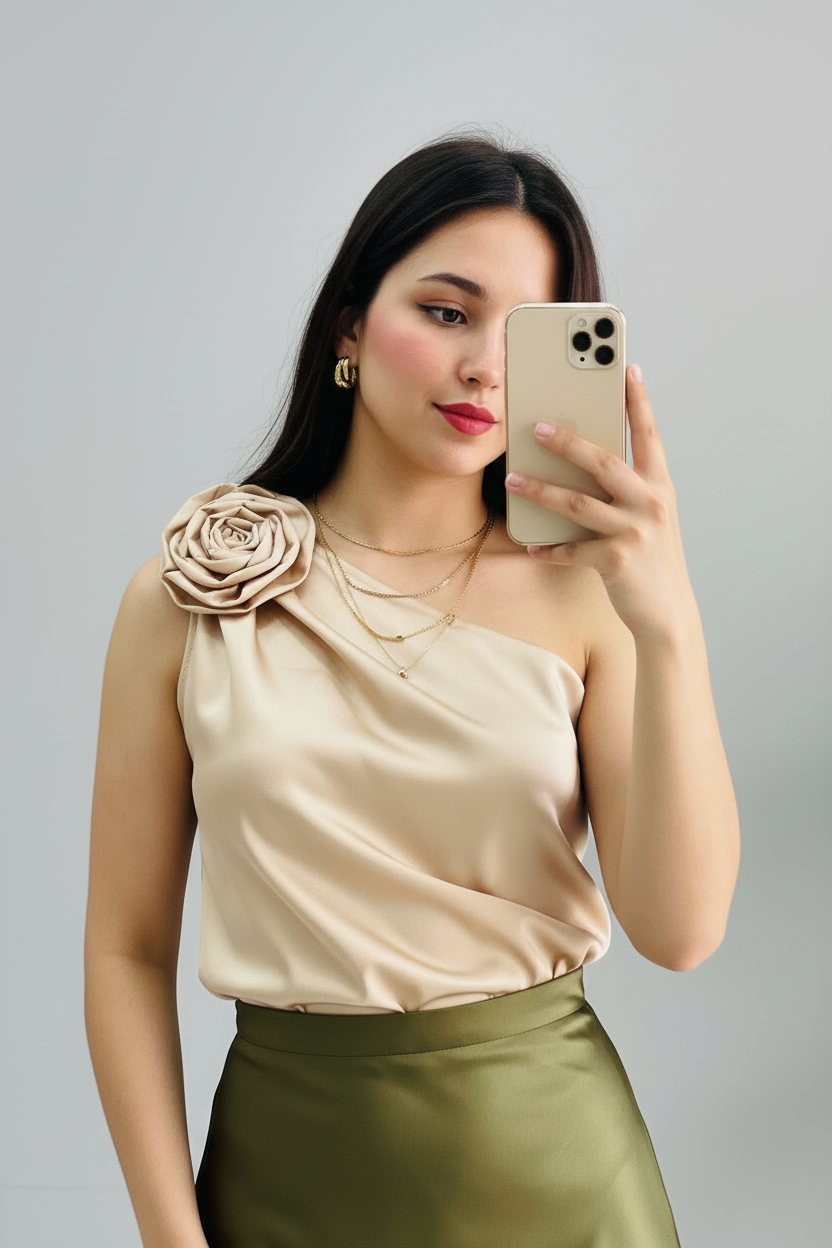 Conjunto Top Champagne con Rosa 3D y Falda Midi Verde Oliva Satinada cod.393