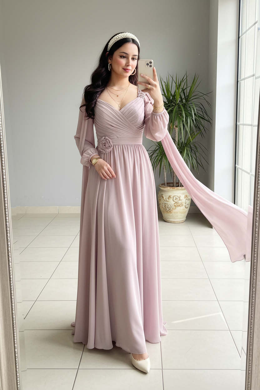 Vestido Rosa Blush con Mangas Ángel cod.405