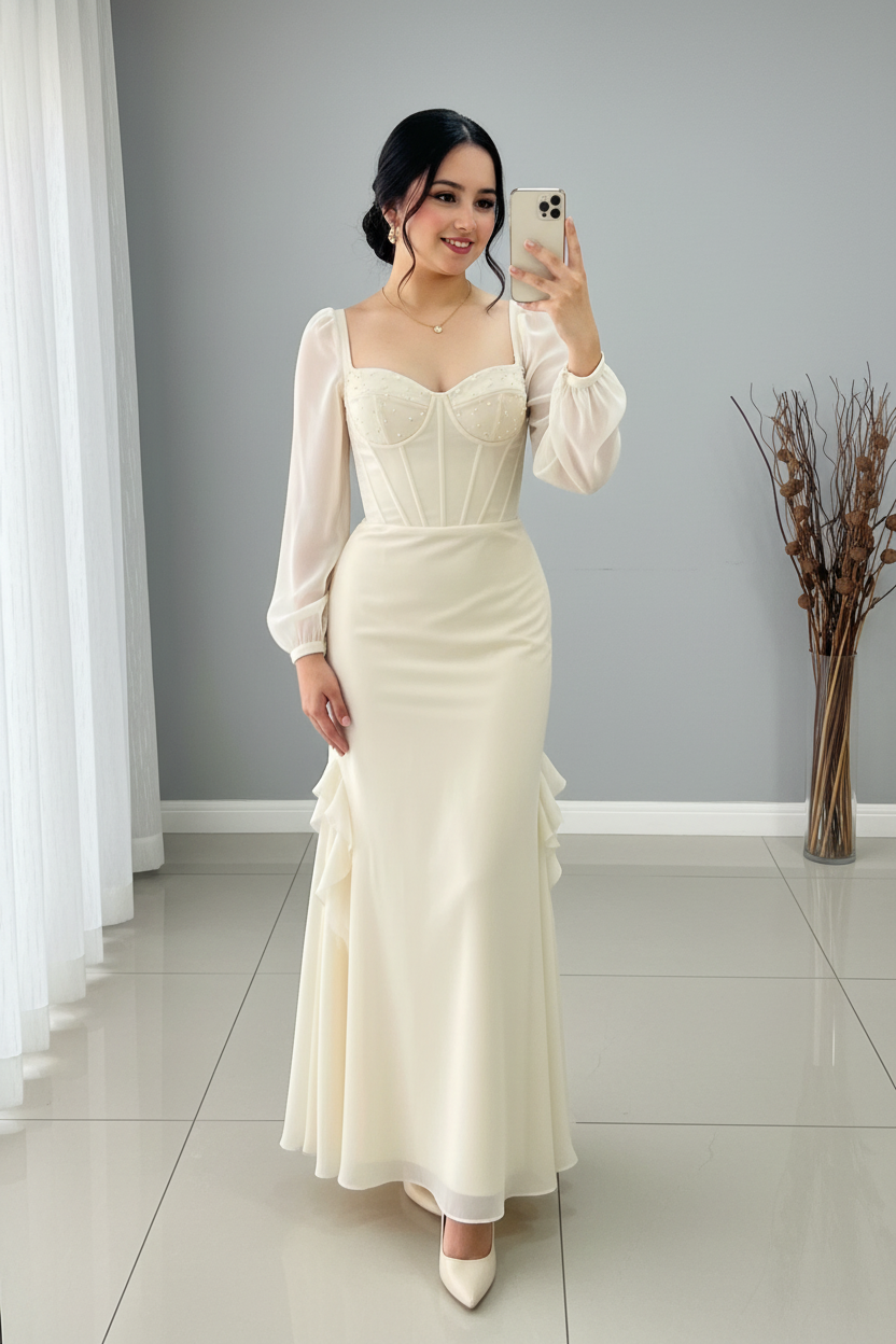 Vestido Ivory Corset Manga Chifón Sirena con Volantes cod.V289