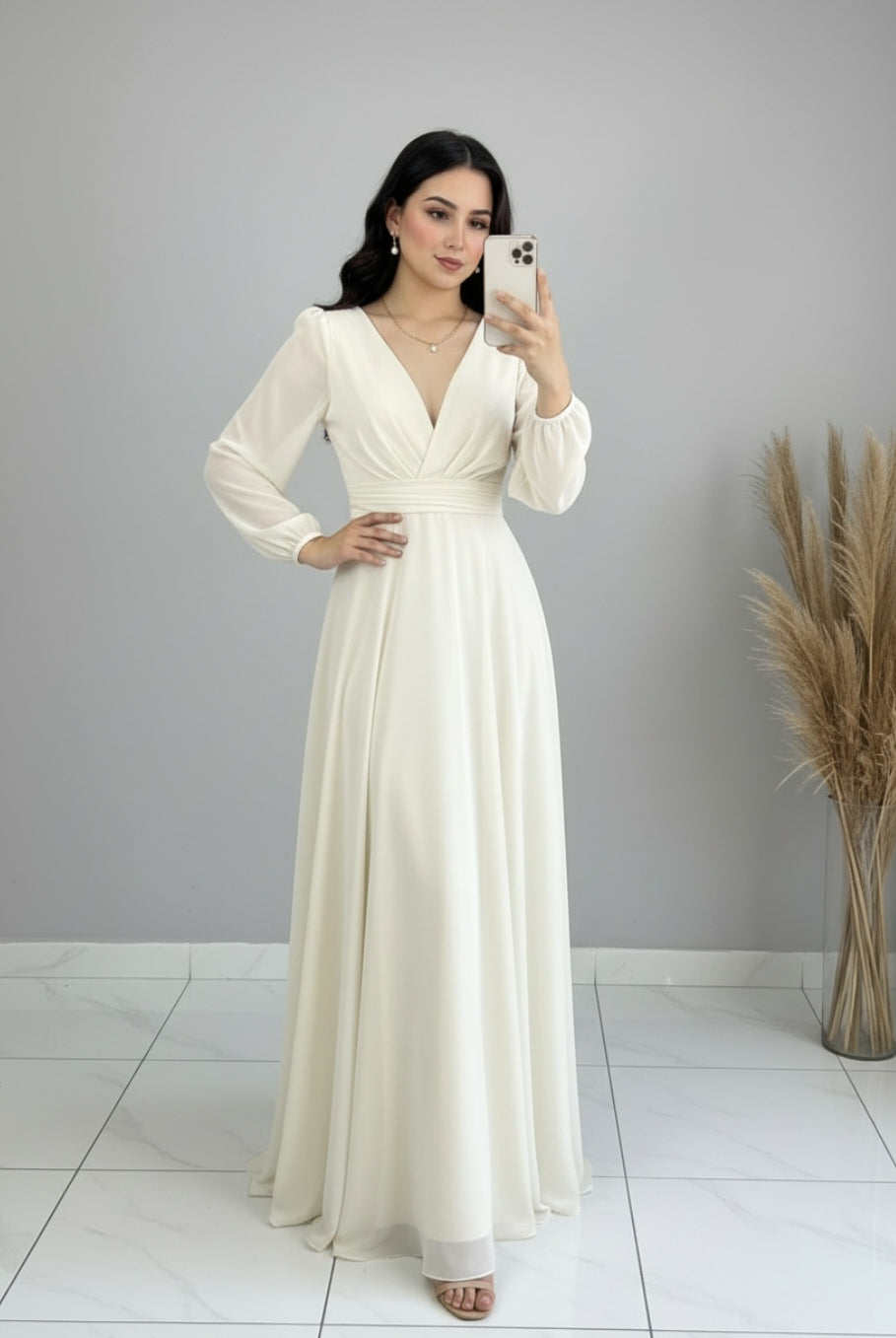Vestido Blanco Marfil Manga Larga Gasa Escote V A-Line cod.820