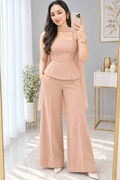 Conjunto Nude melón Top Sin Mangas Peplum Perlas Capa + Palazzo cod.CJ002