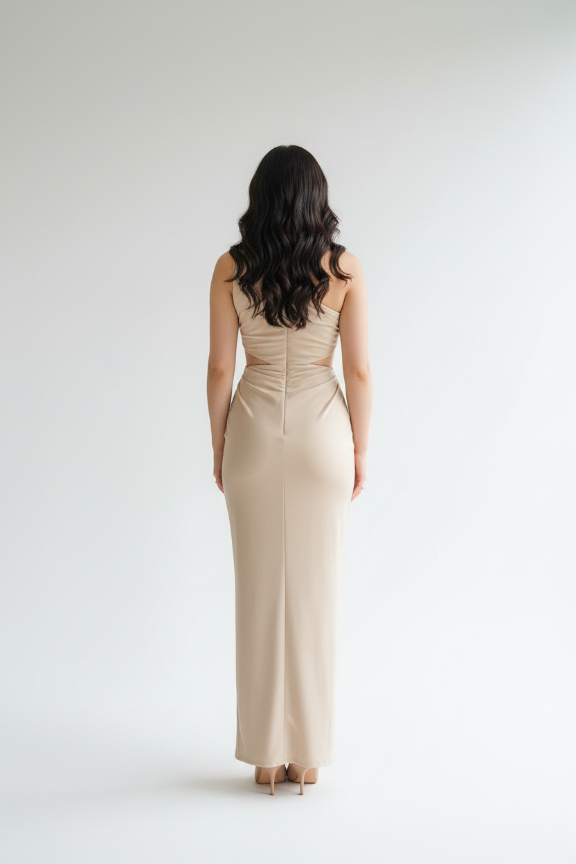 Vestido de Gala Beige Nude con Drapeado Asimétrico y Cut-Out - Elegante One Shoulder Largo cod.351