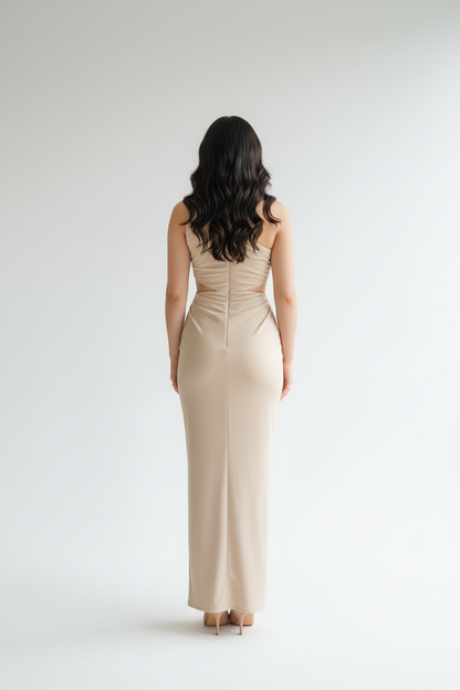 Vestido de Gala Beige Nude con Drapeado Asimétrico y Cut-Out - Elegante One Shoulder Largo cod.351