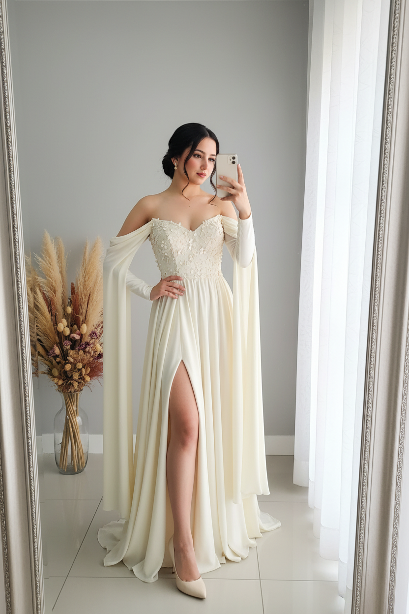 Vestido Novia Ivory Off Shoulder Mangas Fluidas Abertura cod.V401