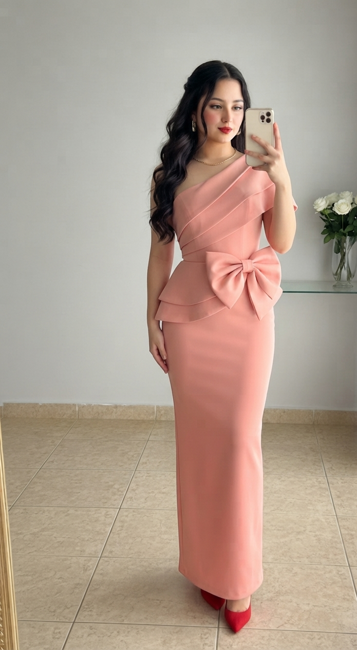Vestido Rosa Salmón, Lazo Peplum Falda Lápiz cod.V0042