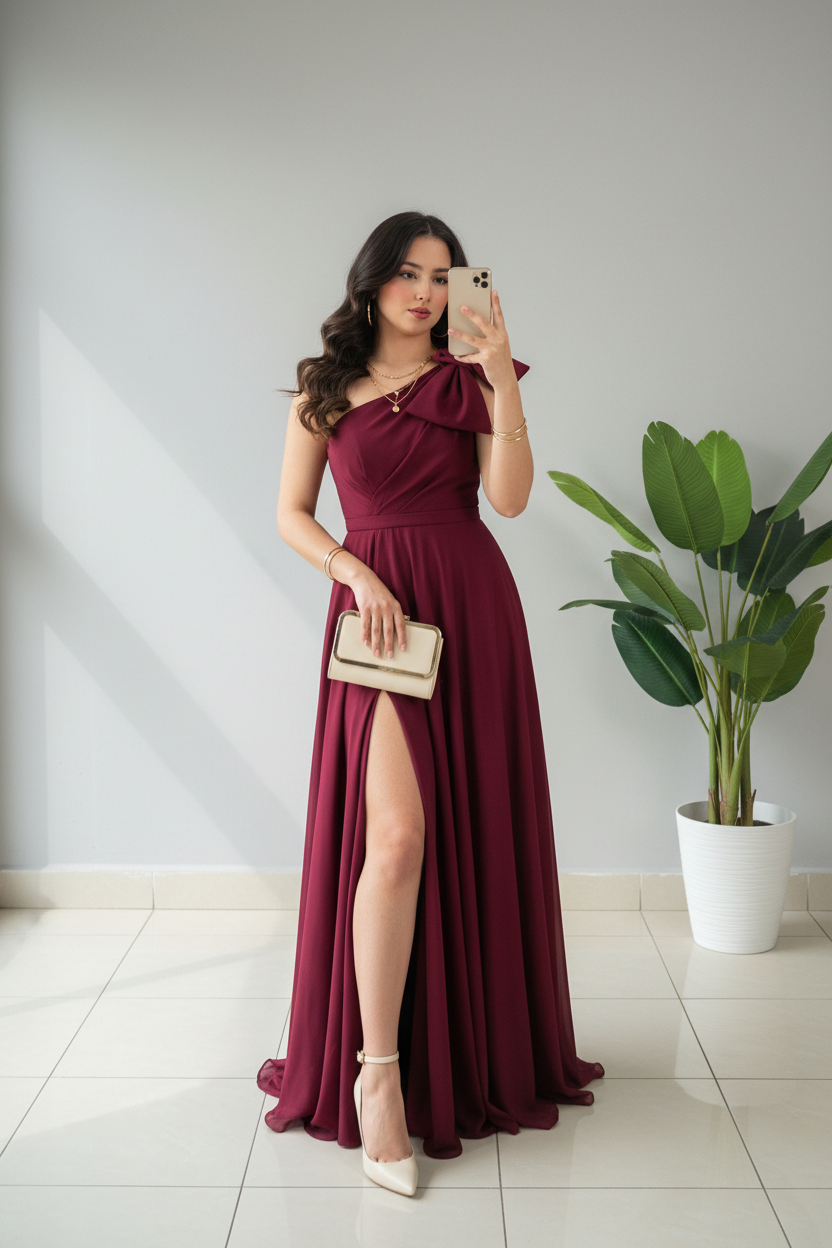 Vestido Largo Borgoña Un Hombro con Lazo y Abertura Frontal cod.423