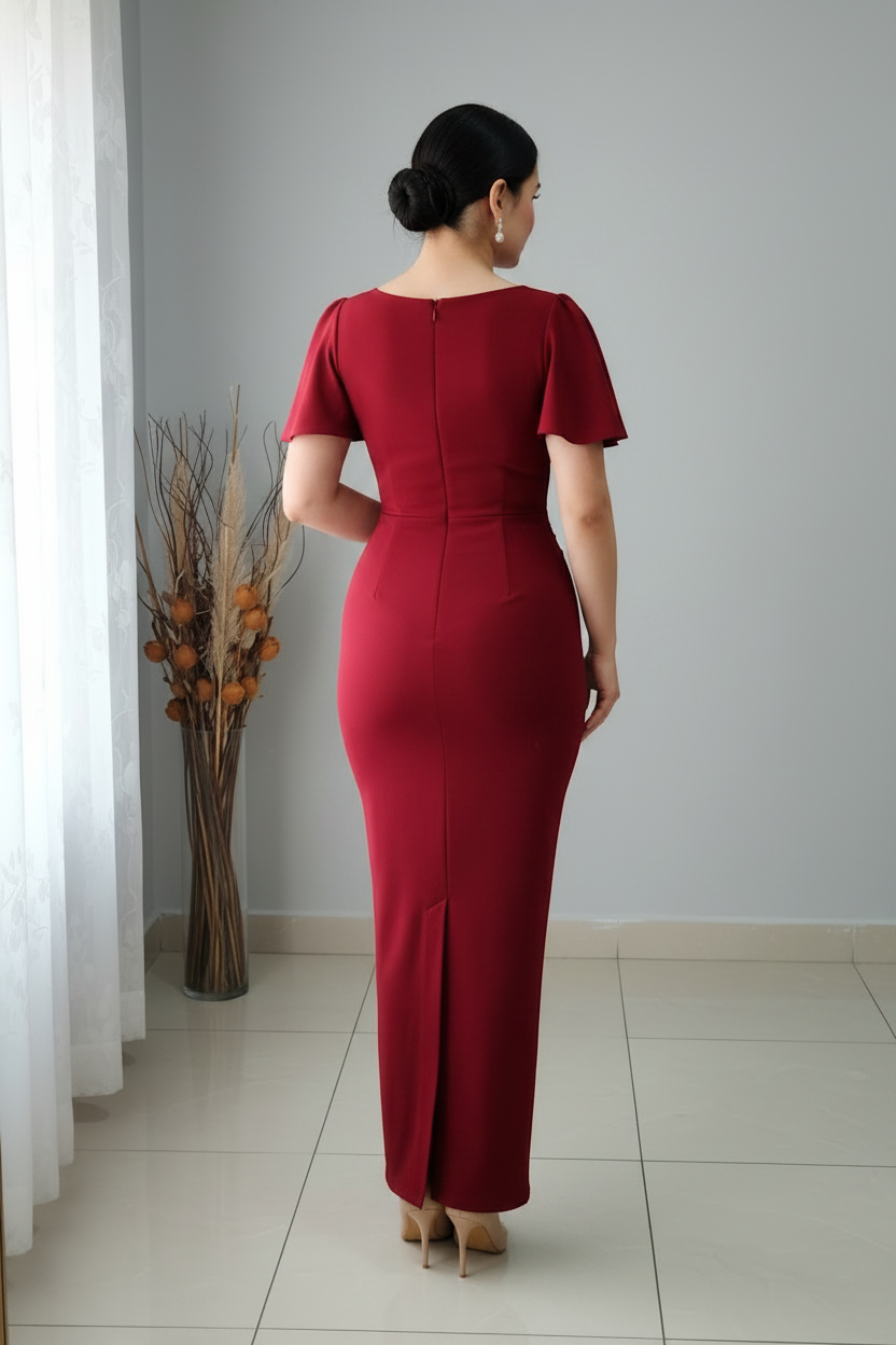Vestido Rojo Vino Escote V Mangas Mariposa Perlas cod.V315