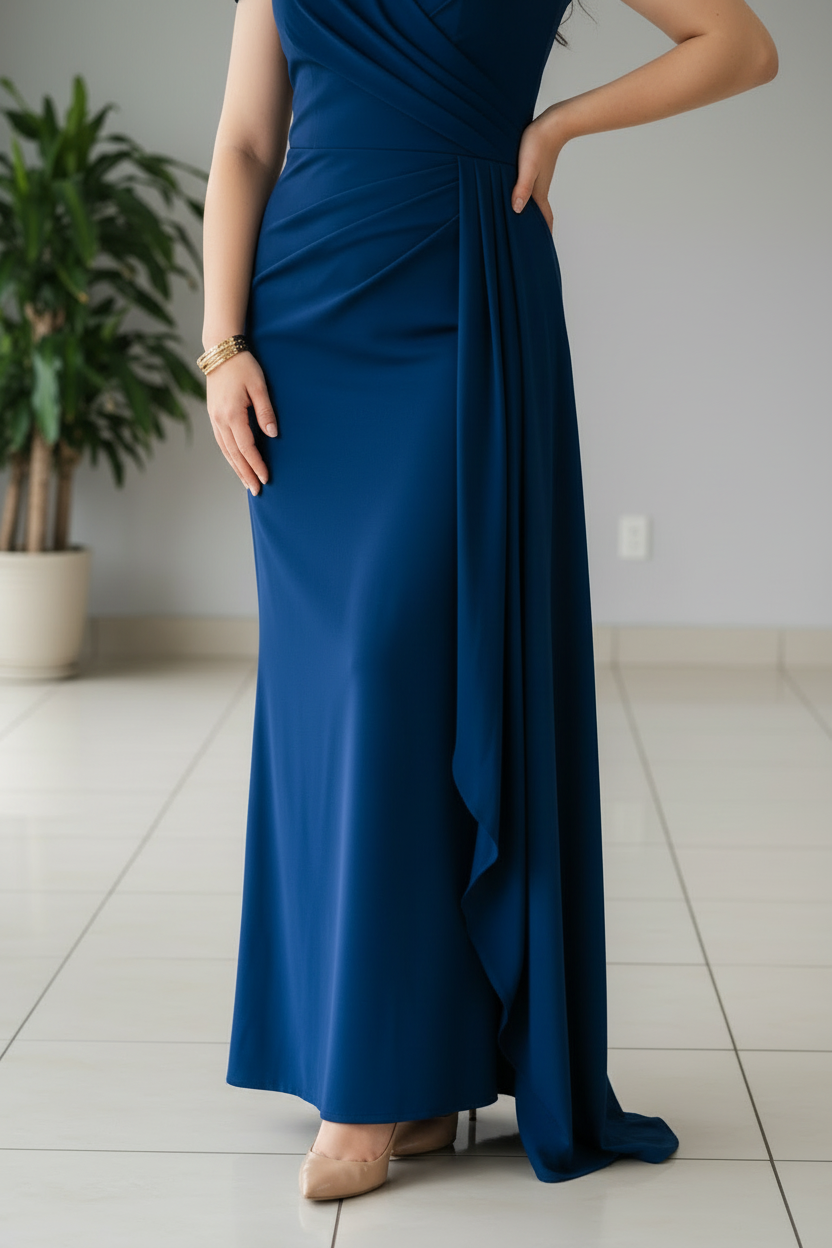 Vestido Azul Marino Off-Shoulder con Drapeado Lateral y Cola cod.441