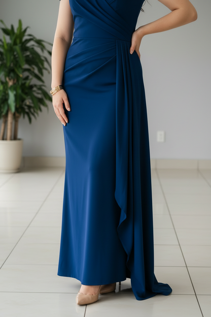 Vestido Azul Marino Off-Shoulder con Drapeado Lateral y Cola cod.441