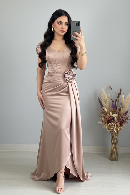 Vestido Corset Champagne Satinado Rosa 3D