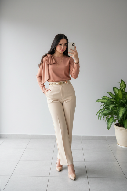 Conjunto Salmón Blusa Lazo Pantalón Recto Crema cod.C334