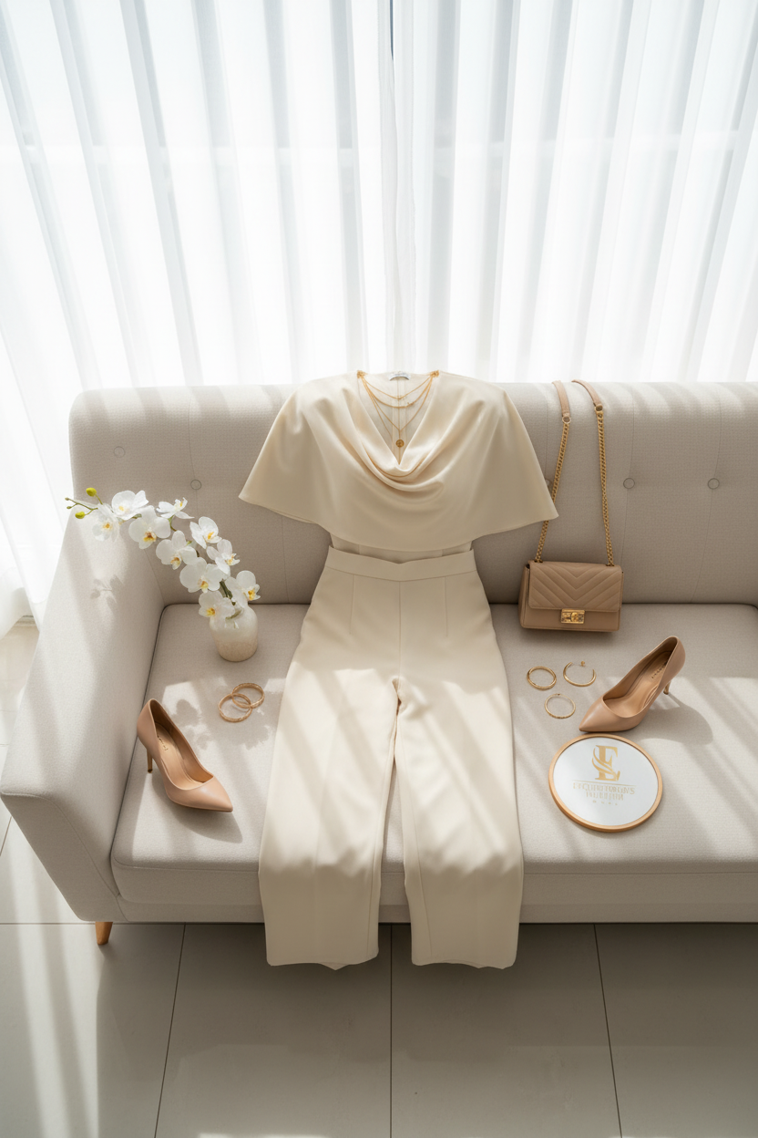 Enterizo Elegante Marfil con Capa  - Sofisticado cod.319