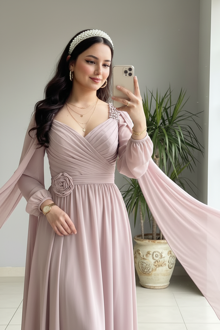 Vestido Rosa Blush con Mangas Ángel cod.405