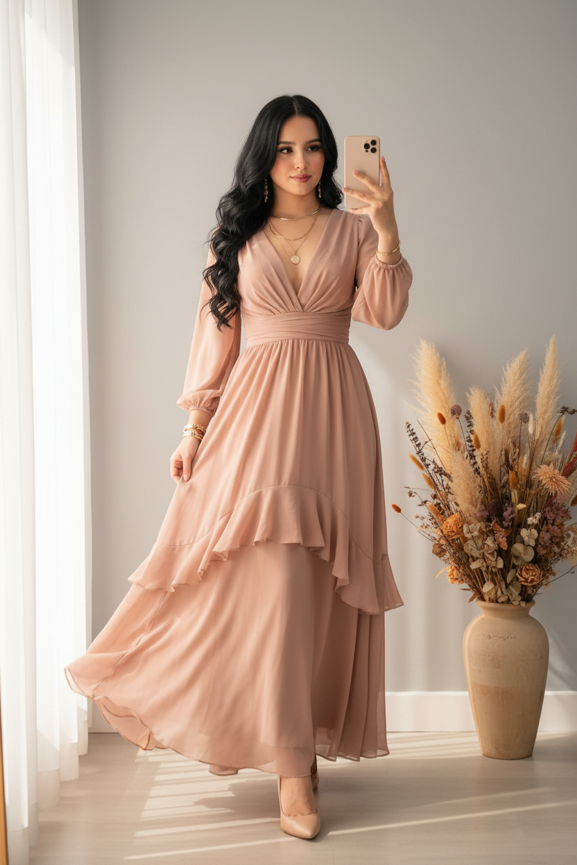 Vestido Nude Gasa Mangas Abullonada cod.00158