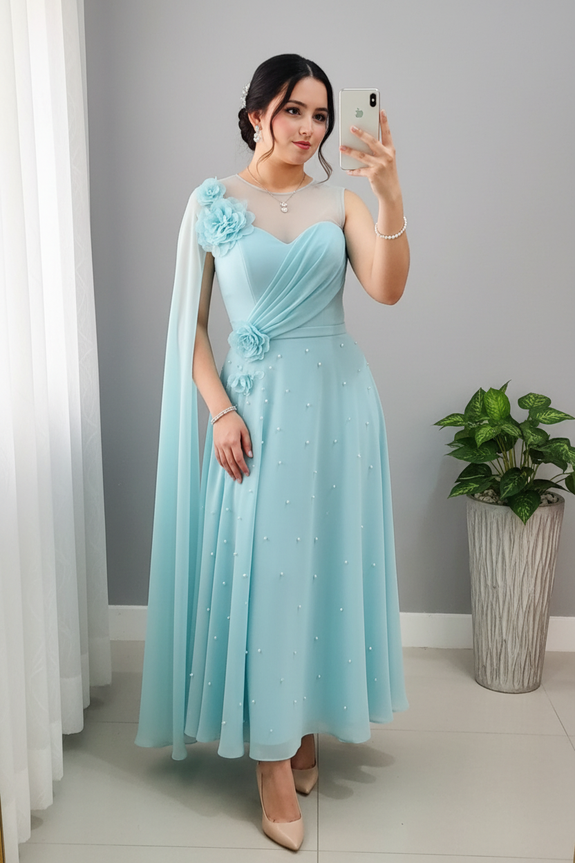 Vestido Azul Cielo — Rosas 3D & Capa cod.850