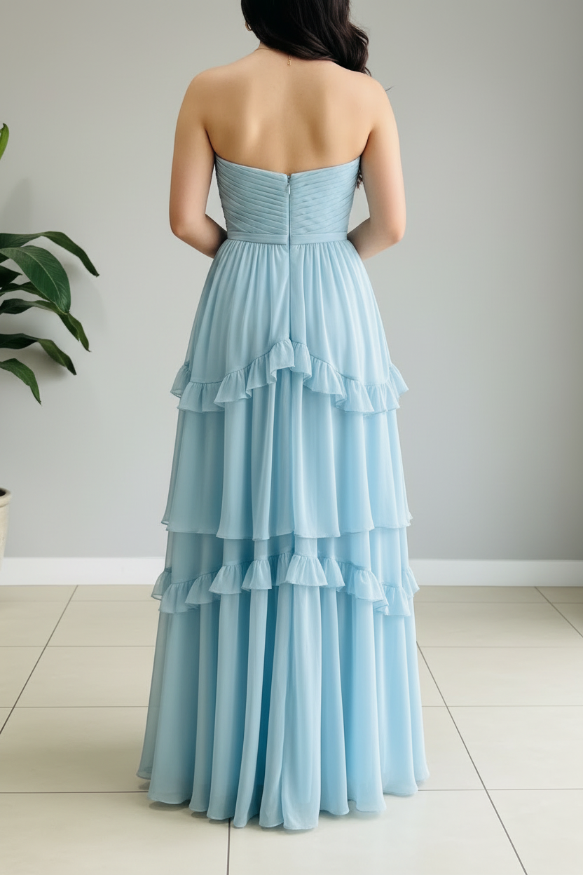 Vestido de Gala Azul Celeste Strapless con Volantes en Capas - Elegante Largo cod.355