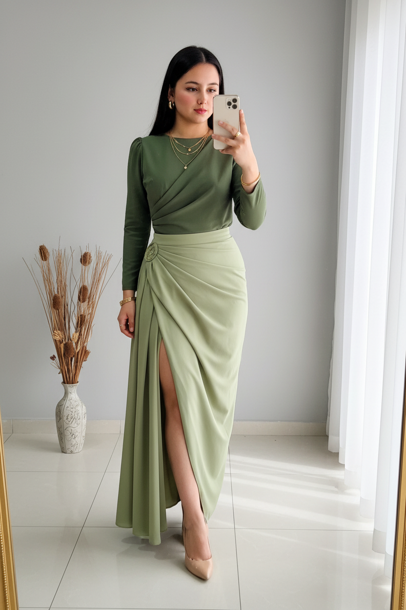 Conjunto Verde Oliva y verde sage Drapeada  Abertura cod.C0051