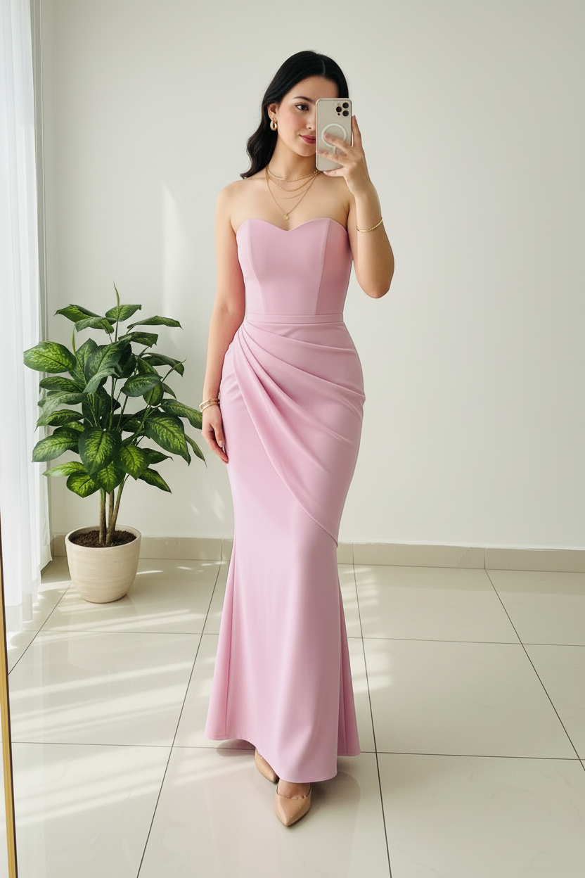 Vestido Formal Rosa Strapless Sirena con Drapeado cod.498