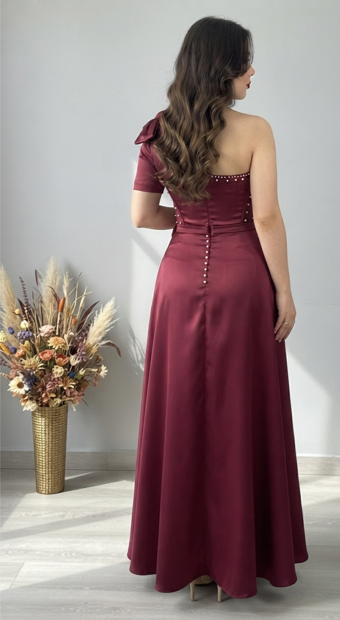 Vestido Vino Un Hombro con Lazo, Rosa 3D y Perlas