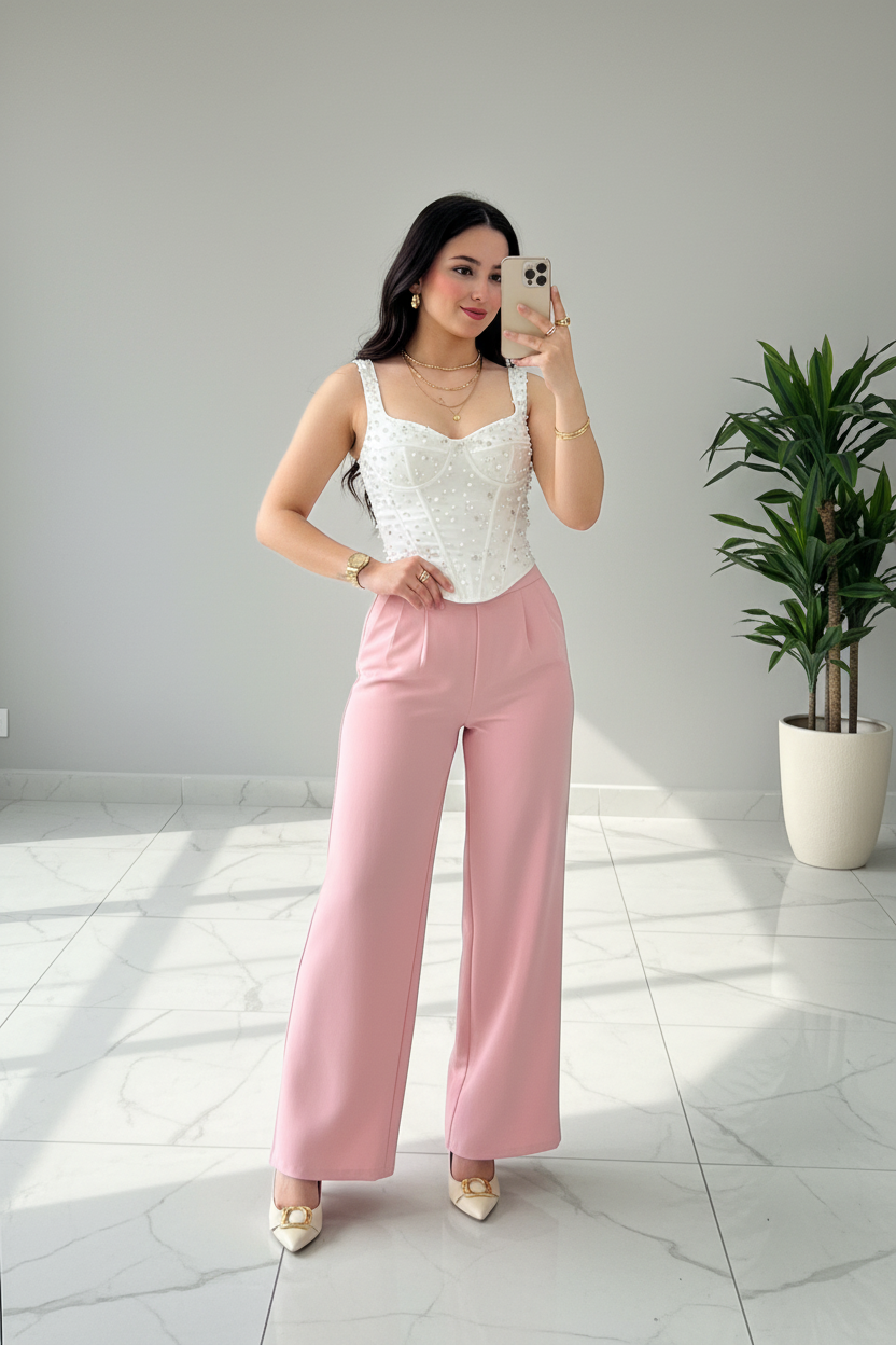 Pantalón Rosa Pastel de Pierna Ancha - Elegante y Versátil cod.309
