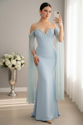 Vestido Largo Azul Celeste Off-Shoulder Corset con Cristales y Capa de Chifón cod.V961